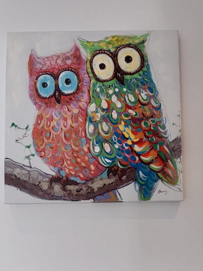 Kleurrijk schilderij van twee uilen aan de muur